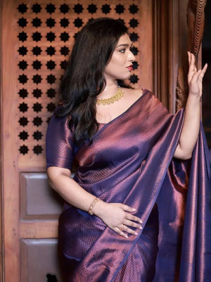 Sareemall Woven Banarasi Silk Blend Saree(Dark Blue)