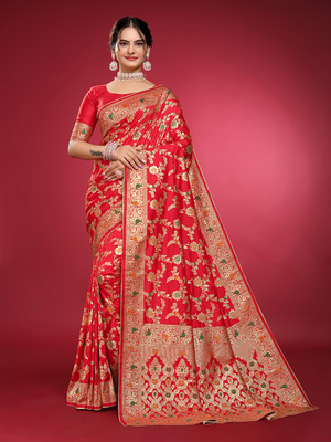 Sari Satva Self Design, Woven, Embellished, Applique Banarasi Jacquard, Art Silk Saree(Red)