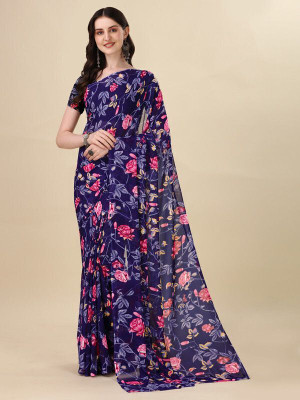 Dori Printed, Floral Print Daily Wear Georgette Saree(Dark Blue)