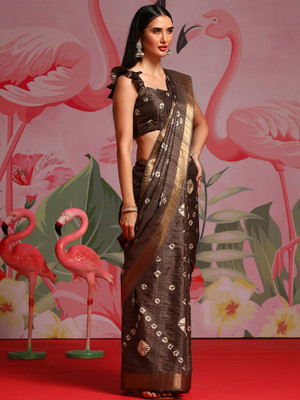 Tasrika Printed Chinnalapattu Silk Blend Saree(Brown)