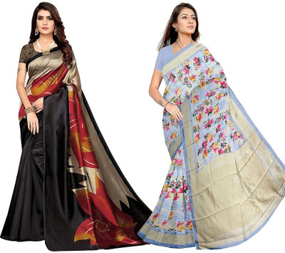 Grubstaker Printed Mysore Art Silk Saree(Pack of 2, Multicolor)