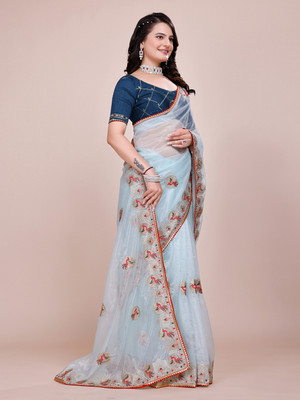 yourwish Embroidered Baluchari Organza Saree(Light Blue)