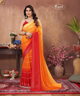 Anand Sarees Embellished, Self Design, Ombre, Dyed Bollywood Satin Saree(Red, Orange)