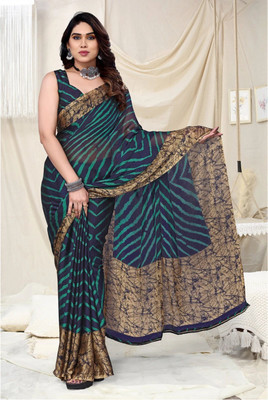 Divastri Printed, Striped Leheria Chiffon, Georgette Saree(Green, Blue)
