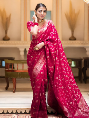 YASHIKA Woven Banarasi Cotton Silk, Jacquard Saree(Pink)