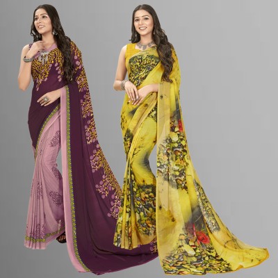 kashvi sarees Printed Daily Wear Georgette Saree(Pack of 2, Multicolor, Purple, Beige)