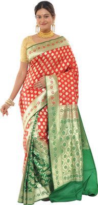 HouseOfCommon Color Block Assam Silk Art Silk Saree(Green)