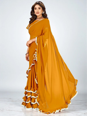 fFASHION Solid/Plain Bollywood Georgette Saree(Yellow)