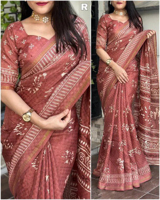 HIYAMI Digital Print Bollywood Cotton Blend, Chanderi Saree(Brown)
