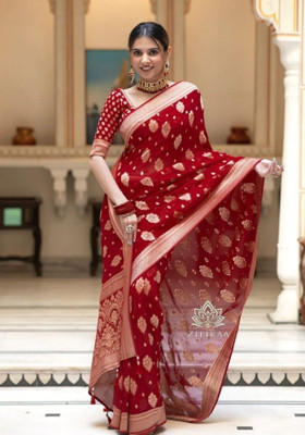 RUCHAA FASHION Woven Banarasi Art Silk Saree(Red)