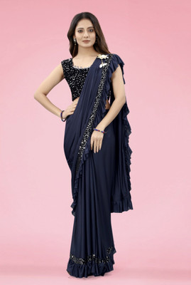 Hendrix Embroidered Bollywood Lycra Blend Saree(Dark Blue)