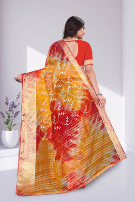 Aarunika BS Solid/Plain Bollywood Organza Saree(Red, Yellow)