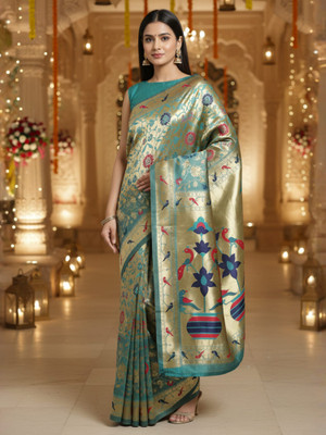 Sareemall Woven Banarasi Silk Blend Saree(Green)