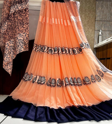 Hensi sarees shop Printed Daily Wear Lycra Blend, Chiffon Saree(Pack of 2, Orange, Dark Blue)