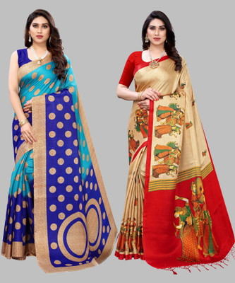 ANIRAV Floral Print, Printed, Self Design Mysore Art Silk Saree(Pack of 2, Blue)