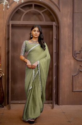 MAHADEV Self Design, Solid/Plain, Embroidered Handloom Chiffon Saree(Light Green)