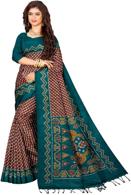 TRFASHIONHUB Printed Sambalpuri Cotton Blend Saree(Green)