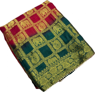 HouseOfCommon Checkered, Woven, Self Design Banarasi Art Silk, Jacquard Saree(Red, Green)