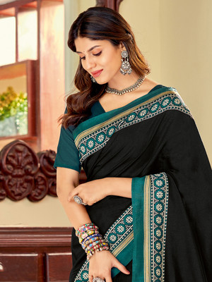 Divastri Printed Banarasi Silk Blend Saree(Black)