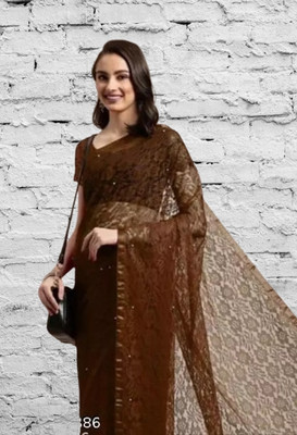 SwiftStyle Solid/Plain Bollywood Net Saree(Brown)