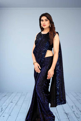SHRIMAY Self Design Bollywood Net Saree(Blue)
