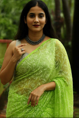 Awadhmart Embroidered Lucknow Chikankari Georgette Saree(Green)