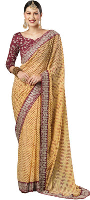 Akhilam Printed Bandhani Georgette Saree(Cream)