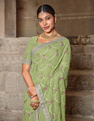 Amit kumar Floral Print, Embroidered Chanderi Chiffon Saree(Light Green)