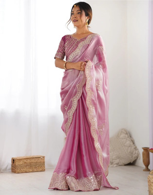 ONECULURE Embroidered, Embellished, Floral Print, Woven Bollywood Jimmy choo Saree(Pink)