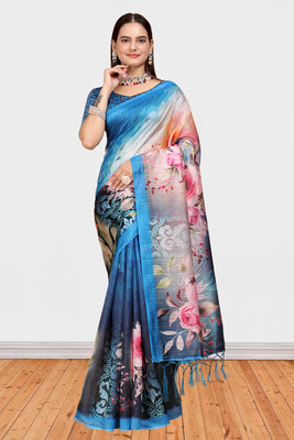 Mugdarra Floral Print Daily Wear Cotton Silk Saree(Light Blue)