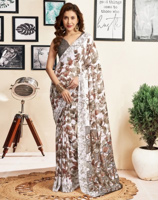 SIRIL Floral Print, Geometric Print, Printed Daily Wear Chiffon, Georgette Saree(Beige, White, Pink)