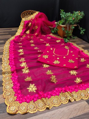 Radheradhey Embroidered, Floral Print Bollywood Net Saree(Pink)