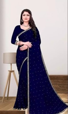 ANIRAV Solid/Plain Bollywood Lycra Blend Saree(Blue)