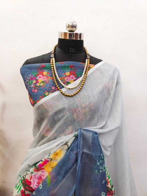 Mervadiya Self Design Bollywood Cotton Linen, Linen Saree(Grey)