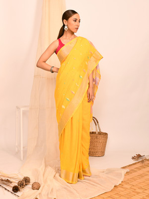 Indethnic Woven Jamdani Cotton Blend Saree(Yellow)
