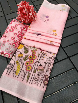 HouseOfCommon Printed Kanjivaram Cotton Linen, Pure Cotton Saree(Pink)