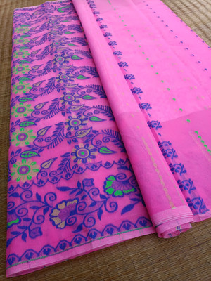 KhayaFashion Woven Tant Pure Cotton Saree(Pink)