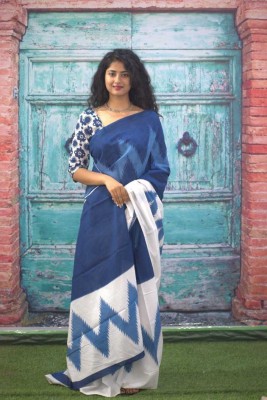 NIKHILAM Printed Daily Wear Pure Cotton Saree(Dark Blue)