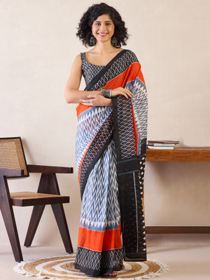 Sareemall Printed Ikkat Pure Cotton Saree(Grey)