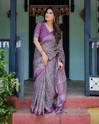 HouseOfCommon Digital Print Daily Wear Cotton Linen Saree(Multicolor)