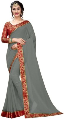 Glamour Hub Solid/Plain Daily Wear Georgette, Chiffon Saree(Red, Grey)