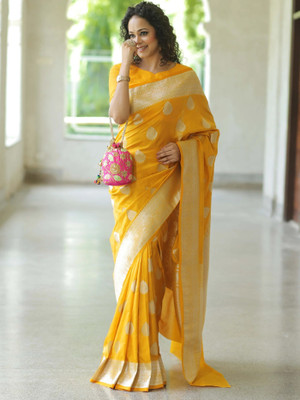 YASHIKA Self Design Kanjivaram Silk Blend Saree(Yellow)