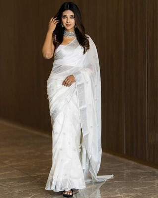 SHREE KSHETRAPAL CREATION Self Design Banarasi Pure Silk Saree(White)