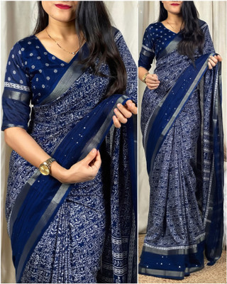 Femane Printed Kalamkari Cotton Silk Saree(Dark Blue)