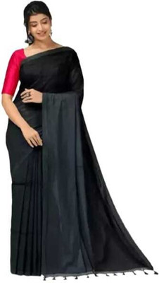 Shrutisareeghar Solid/Plain Handloom Cotton Blend Saree(Black)