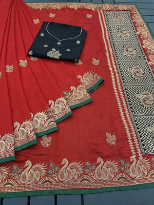 KHRITI FAB Embroidered Bollywood Pure Silk Saree(Red)