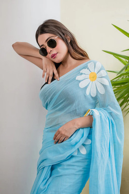 yourwish Floral Print, Digital Print Bollywood Cotton Blend Saree(Blue)