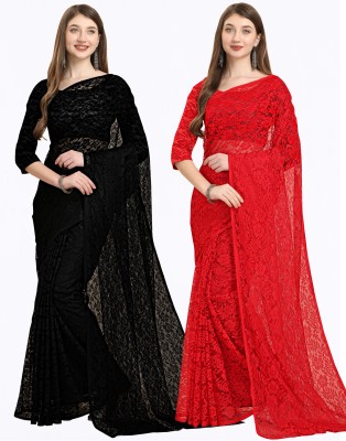 Sarvada Embellished, Embroidered, Floral Print Bollywood Net, Brasso Saree(Pack of 2, Black, Red)