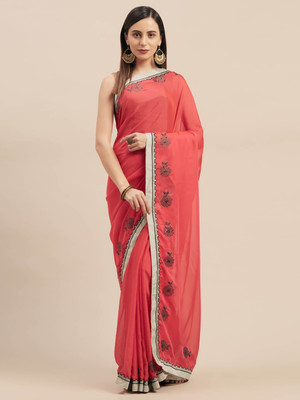 Saanjh Floral Print Saree with Attached Blouse Cotton Blend Saree(Orange)