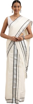 Thara Sarees Woven Kasavu Cotton Blend Saree(White)